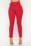 Solid Ruffle Waist Belted Pants