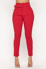 Solid Ruffle Waist Belted Pants