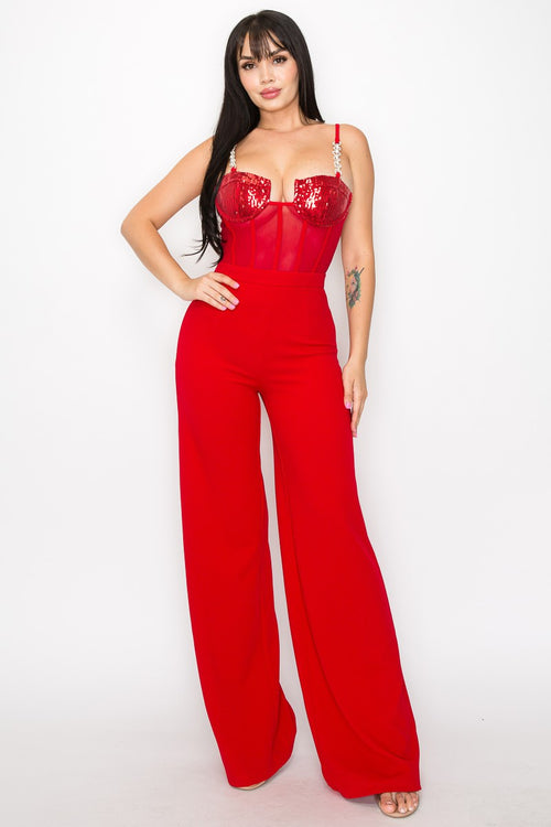 Red Cupped Sequin Jumpsuit