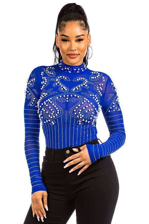 Royal Blue Mesh Pearl Bodysuit