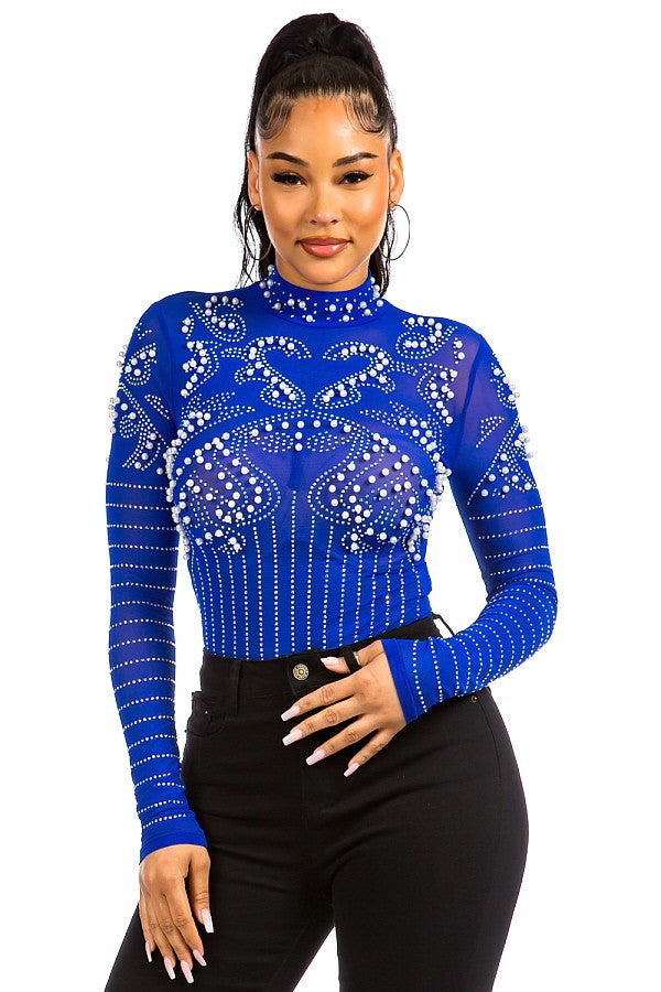 Royal Blue Mesh Pearl Bodysuit