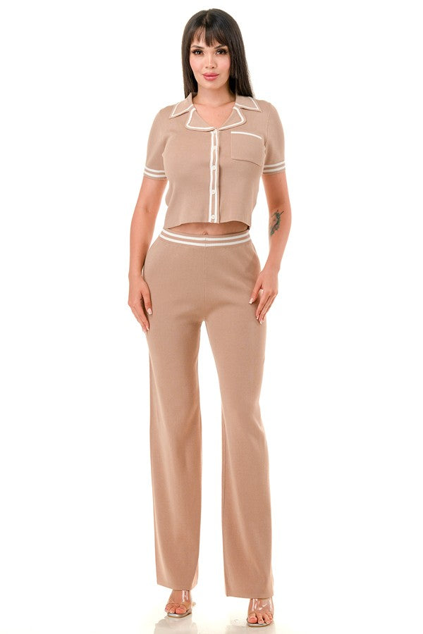 Collared Crop Top and Wide Leg Pants Set