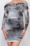 Gray Printed Off-Shoulder Shirred Dress