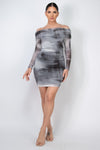 Gray Printed Off-Shoulder Shirred Dress