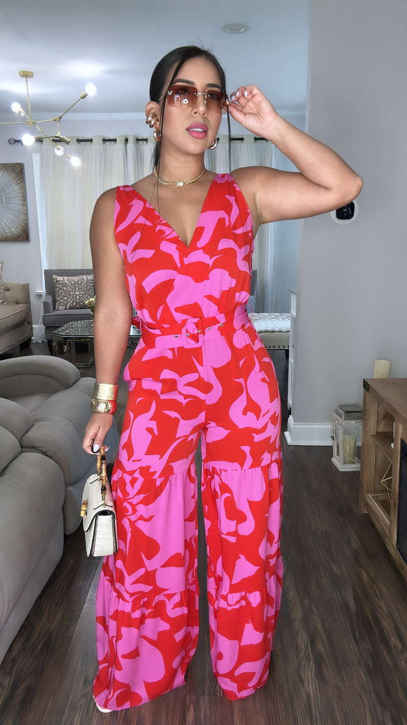 Pink Red Wide Leg Jumpsuit