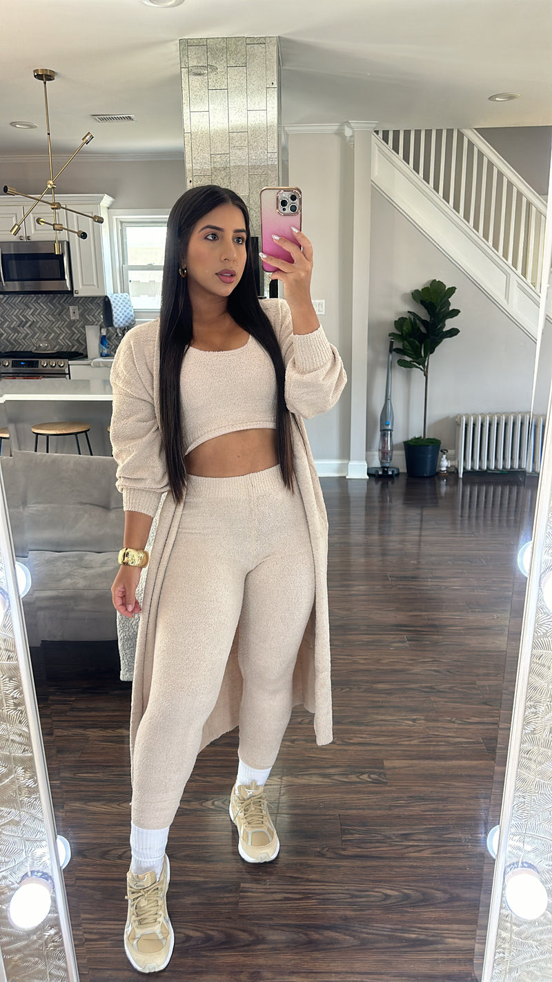 Fleece 3 Piece Set Crop Top Leggings Long Cardigan