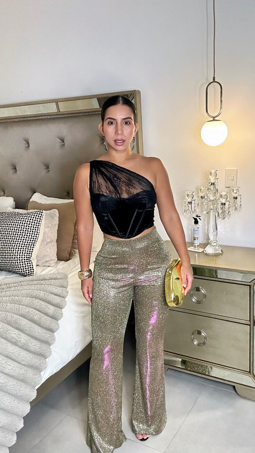 One shoulder lace velvet top