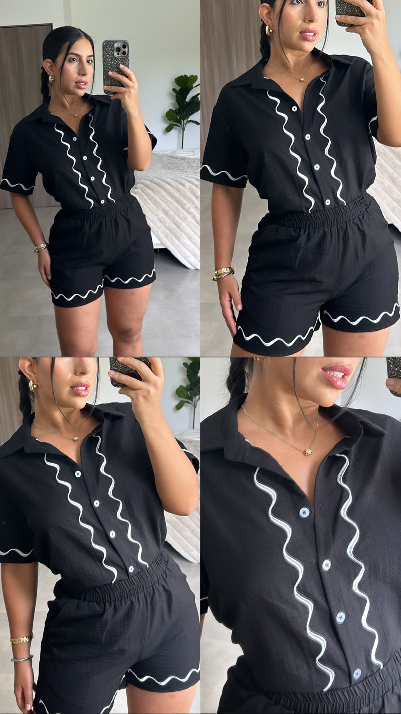 Black with white Detail Short Set