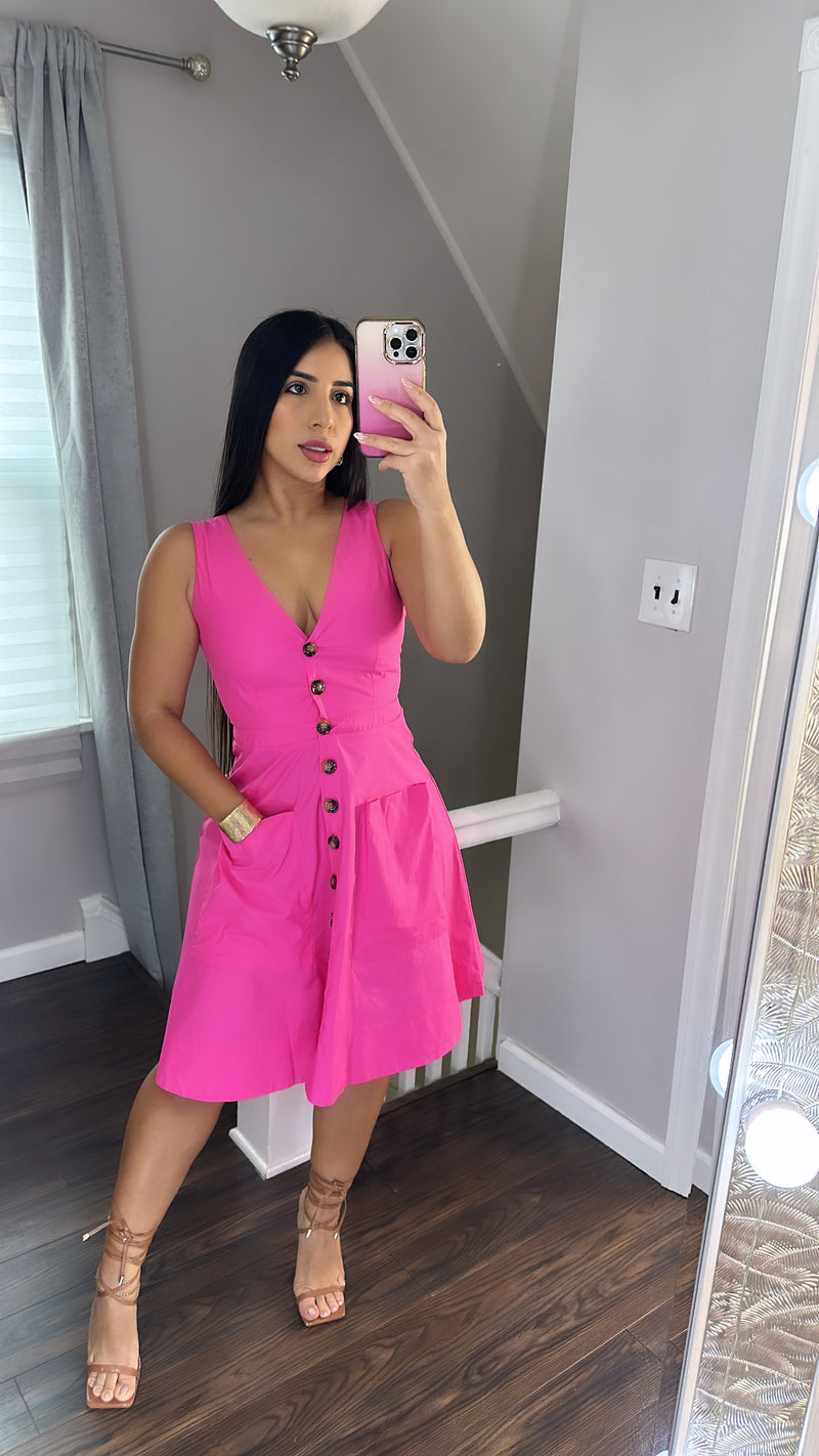 Hot Pink V Neck Midi Dress