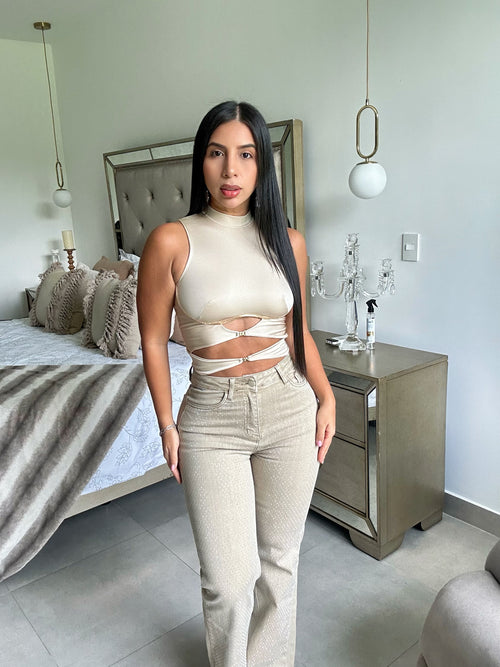 Beaded Beige wide leg jean