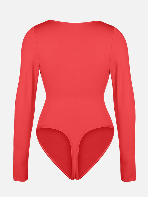 Red Ribbed Tummy Control Thong Bodysuit