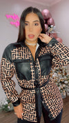 Beige Black Contrast Faux Leather Check Belted Shirt