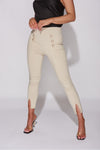 Beige Military Button Split Hem Tapered Trousers