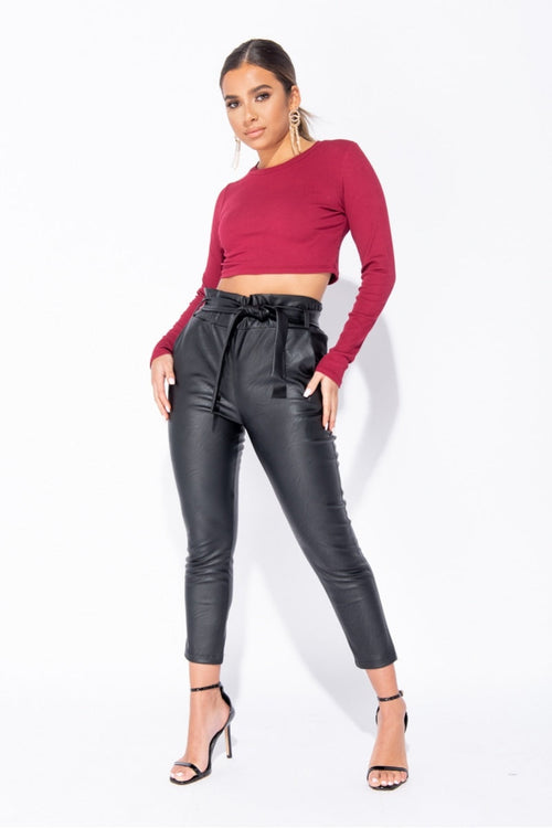 Faux Leather Paperbag Waist Belted Tapered Leg Trouser