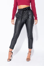 Faux Leather Paperbag Waist Belted Tapered Leg Trouser