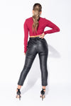 Faux Leather Paperbag Waist Belted Tapered Leg Trouser