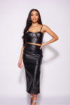 Black Faux Leather Side Split Ruched Midi Skirt