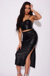 Black Faux Leather Side Split Ruched Midi Skirt