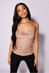 Rose Gold Sequin Cowl Neck Strappy Top